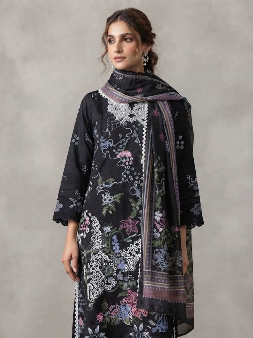 Black Floral Embroidered Scarf and Women's Lawn suit with Trousers and Duptta